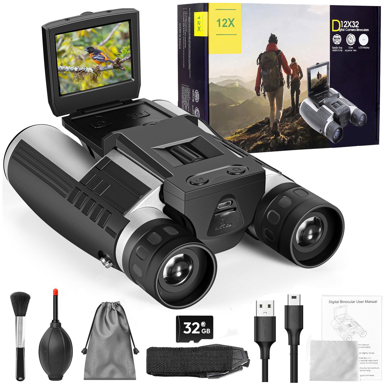 Binoculars Camera For Adults, 2.4'' Screen 12X Digital Zoom 48Mp Pictures 2.5K Videos Camera, Binoculars For Bird Watching Hunti